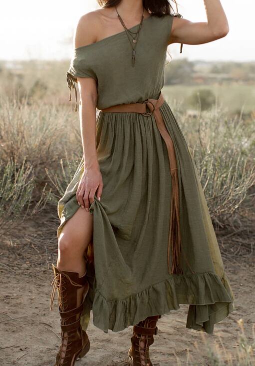 Joyfolie Dresses & Skirts - Joyfolie Women's Gia Maxi Dress Olive Green Boho Ruffle Prairie Size Large